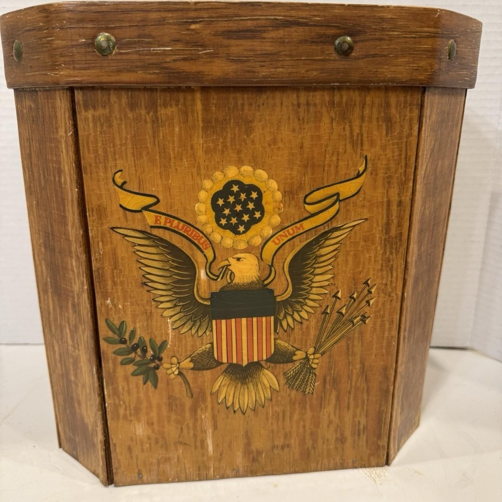 Vintage Wood USA Flag Primitive Country Wooden Eagle Liberty Bell Bucket Pail